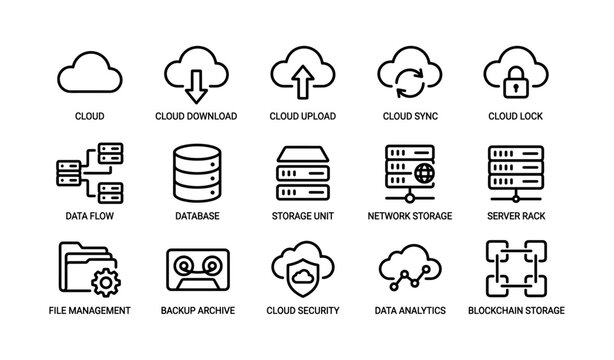 Cloud storage and server icons showing data and security symbols