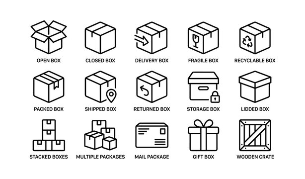 Packaging and box icons showing delivery storage and shipping symbols