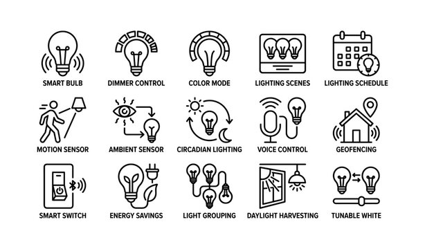 Smart lighting icons showing control features and sensors on grid