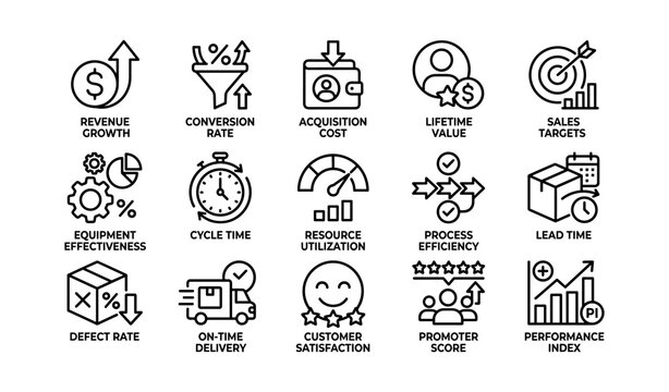 Business performance and operational kpi icons arranged in grid