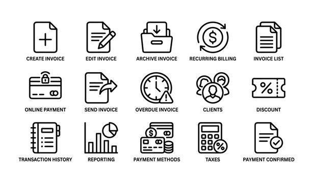 Business invoicing and payment icons displayed in grid layout