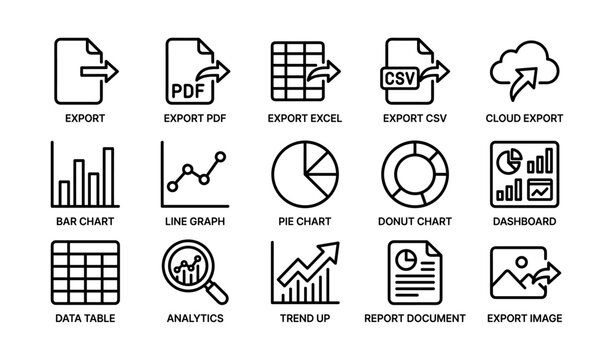 Export and chart icons arranged in grid on white background