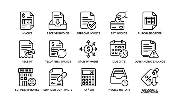 Invoice and payment icons arranged in grid on white background