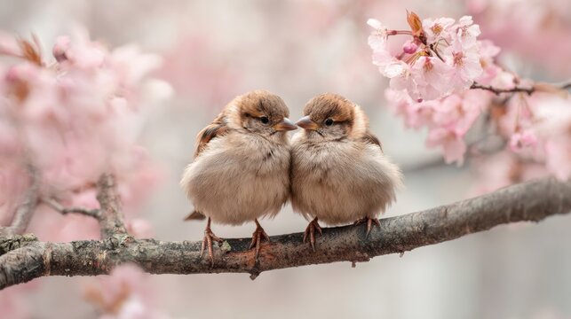 Romantic love theme for Valentines Day. Two sparrows perched on a branch surrounded by delicate pink blossoms. The birds are brown, cream and black in color.