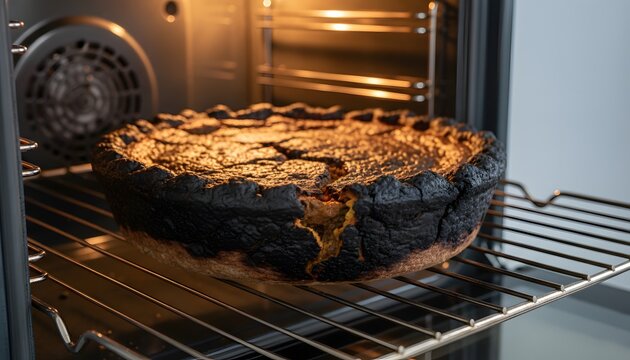 Close up of a badly burnt pie in oven showing charred crust and blackened edges representing a kitchen disaster and culinary failure concept with warm kitchen lighting