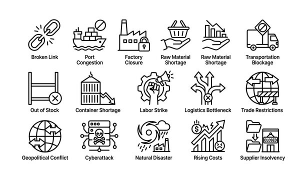 Supply chain risk icons showing disruptions on white background