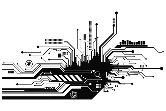 Complex circuit board silhouette a futuristic tech design in black and white
