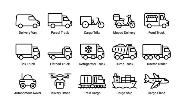 Delivery and cargo vehicle icons showing trucks drones and ships