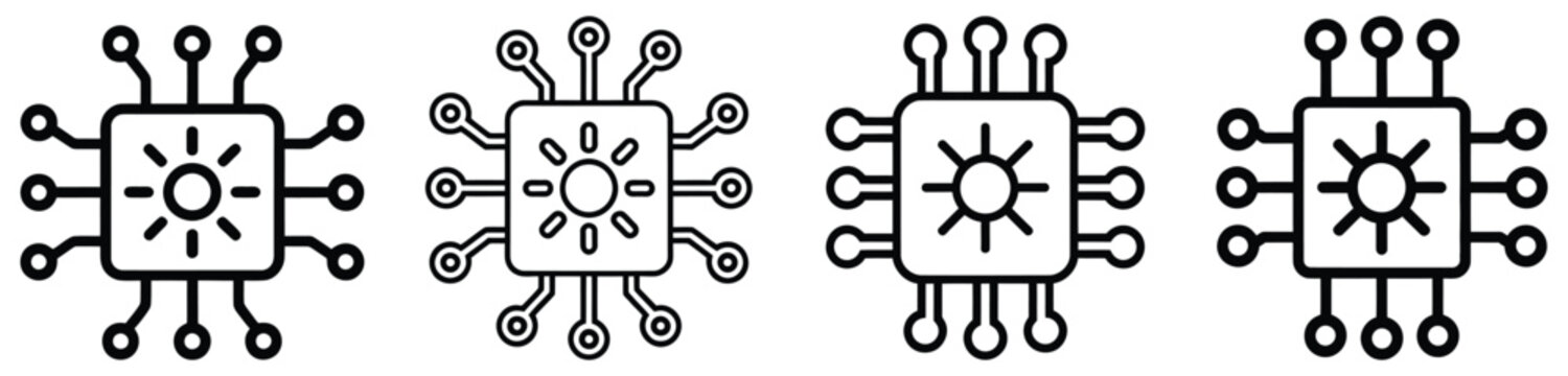 High quality vector of high quality vector of high quality vector of four distinct black outline icons of microchips or processors, each featuring a sun or starburst symbol, isolated.