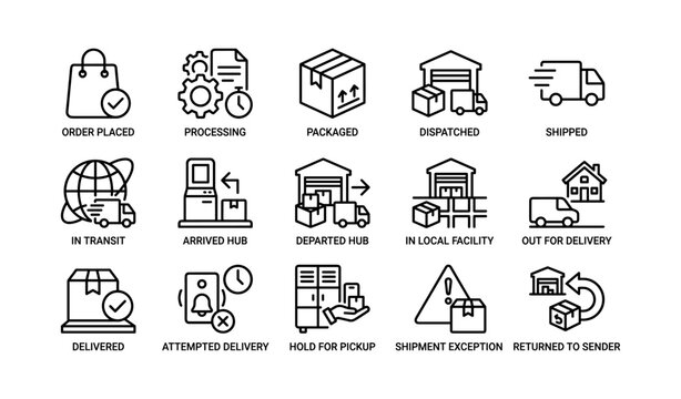 Delivery status icons illustrating parcel tracking stages and hub movement