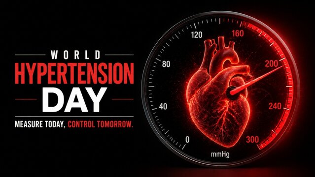 World Hypertension Day Healthcare Banner Red glowing heart pulses inside a blood pressure gauge