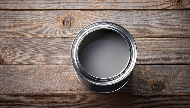 gray paint can on a rustic wooden surface