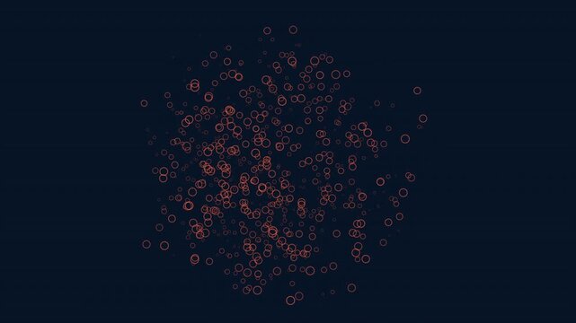 Abstract footage of glowing red ring particles drifting and swirling on a dark blue background, futuristic digital backdrop for technology, science, and data themes