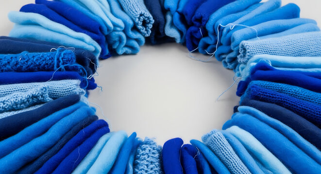 A circle of neatly folded terry cloth towels in various shades of blue, arranged on a neutral light gray background, emphasizing texture and color gradient, suitable for spa or home decor concepts