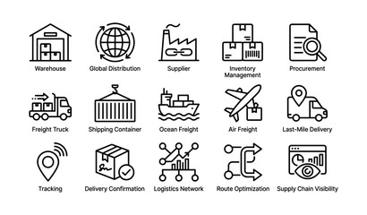 Fototapeta premium Logistics icons depicting supply chain services in grid layout