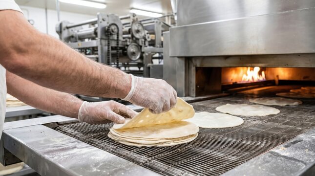 Bakery worker hands wearing gloves stacking fresh hot flatbread tortillas coming out of an industrial conveyor oven