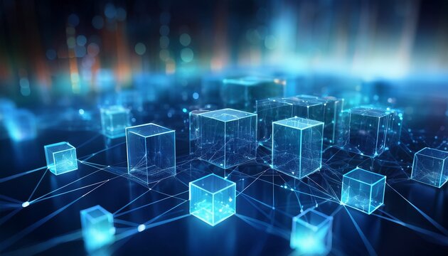 glowing blue translucent cubes connected by a network of lines and dots blurred background