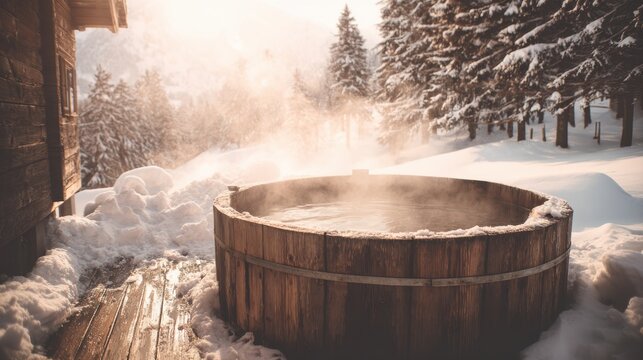Geothermal hot springs resort, spa, bath pool, relaxation vacation theme. A wooden hot tub situated in the middle of a snowy forest, surrounded by snowcovered trees. The hot tub is filled with water.