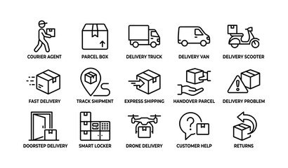 Fototapeta premium Delivery icons showing courier parcels and transport on white