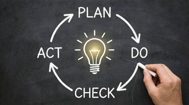 Hand drawing pdca cycle with lightbulb on chalkboard for business strategy and problem solving