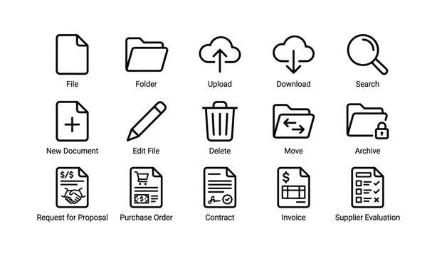 Document and file icons showing file actions on white grid