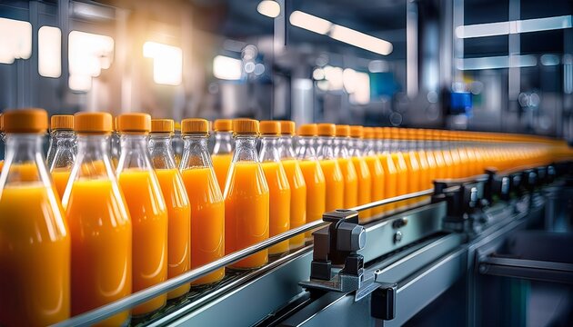 orange juice bottles moving on a conveyor belt in a beverage factory