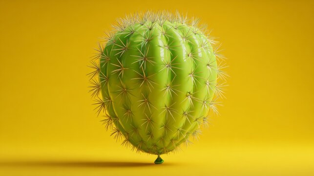 Green balloon in the shape of a cactus with sharp thorns on a yellow background - Concept of risk, fragility and danger
