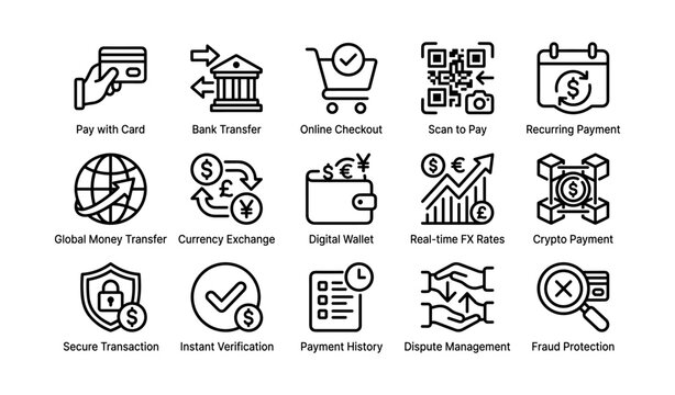 Payment and finance icons showing payment methods and services