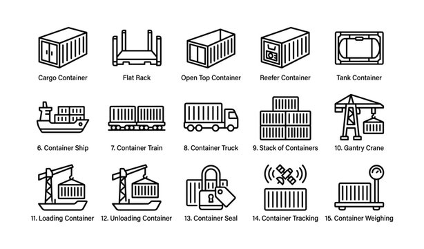 Container and terminal icons of container types and port operations