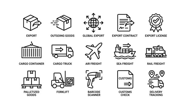 Logistics and export icons showing transport and cargo symbols