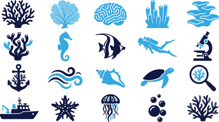 Ocean and sea life icons coral reef seahorse fish diver microscope anchor waves turtle starfish jellyfish. © Icon Set