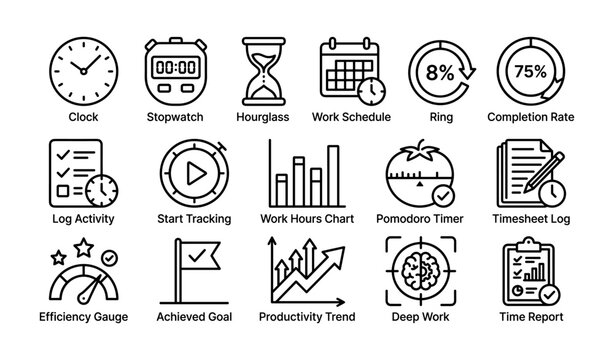 Time management icons showing timers and productivity tools
