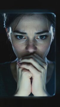 Young woman looking at screen in dark room with worried facial expression close up