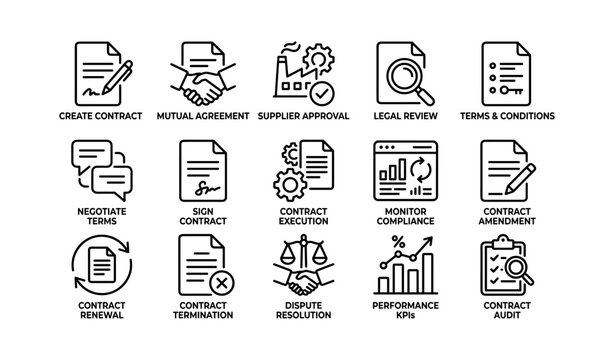Contract process icons arranged in a grid on white background