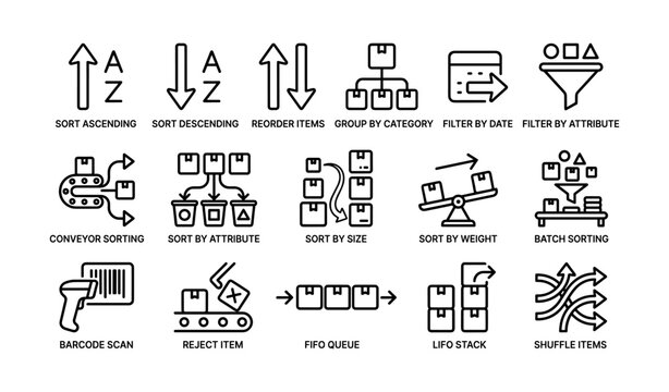 Warehouse sorting and queue icons in grid on white background
