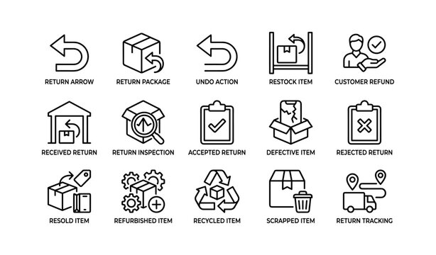Return and refurbishment icons showing return process on white grid