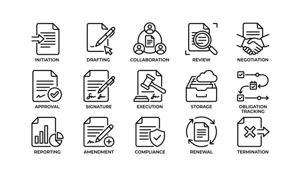 Contract lifecycle icons showing stages in grid layout
