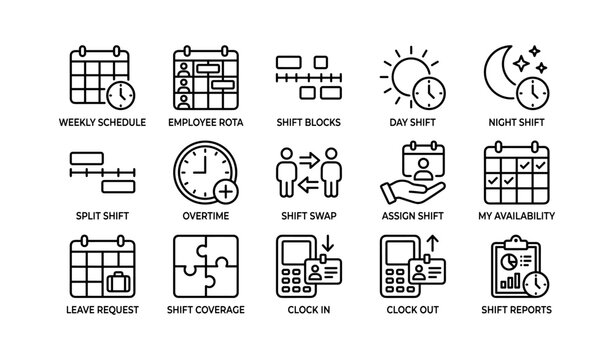 Work schedule and shift management icons on white background