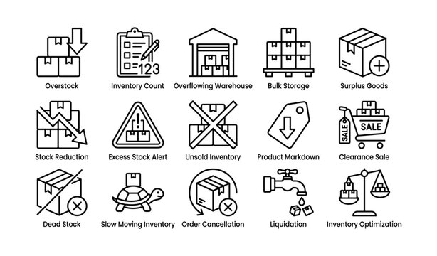 Inventory management icons illustrating surplus and reduction