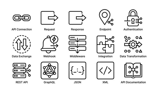 Api and integration icons arranged in grid on white background