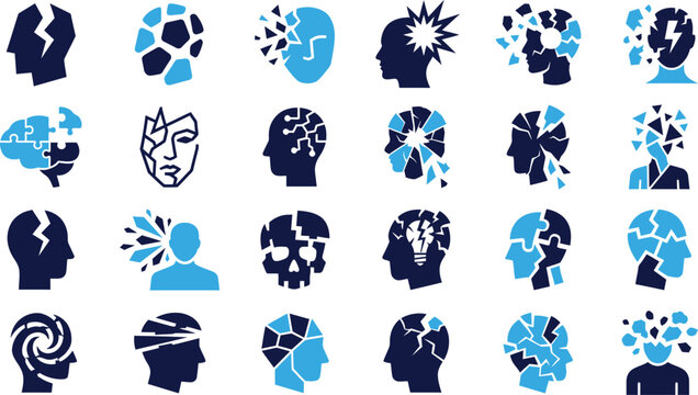 Abstract human head and brain broken shattered and fragmented symbolizing mental distress and trauma.