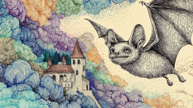 Hand-drawn doodle of a whimsical bat flying over a stippled haunted castle, expressive lines, on paper texture, multi-color ink