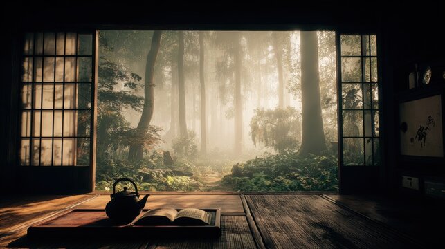 Zen Buddhism, meditation, inner peace, Chinese Japanese Asian tradition. Therapy stress release treatment, health lifestyle. A serene Japanese tea room with a teapot and an open book on a wooden tray.