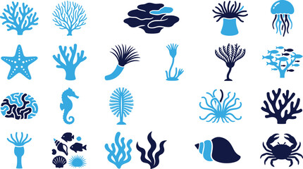 Collection of underwater sea life icons in blue and dark blue for ocean theme. © Icon Set