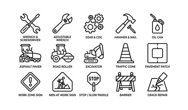 Road work and construction icons arranged in grid on white background