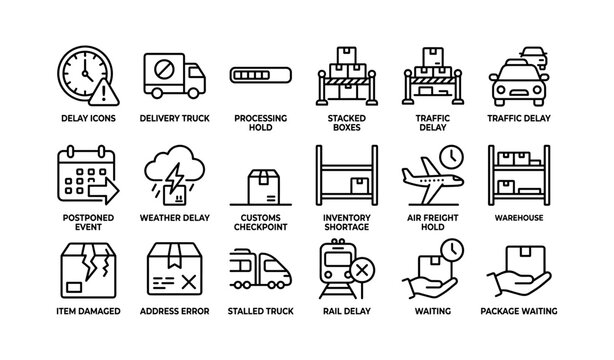 Delivery delay icons showing logistics disruption on white background