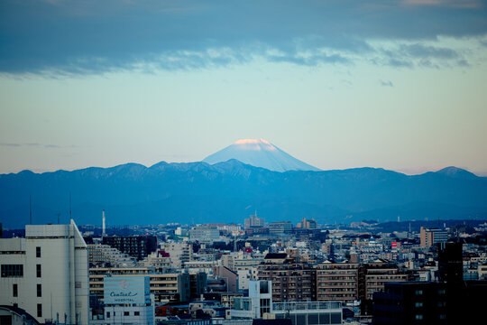 Tokyo, Japan - March 13, 2026: Mount Fuji rising above urban skyline viewed from Shibuya district in Tokyo, Japan.
