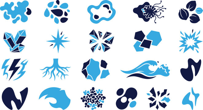Set of abstract blue shapes symbolizing elements and energy forms on white background.