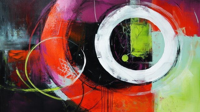 Abstract painting with vibrant colors, circles, and layered textures