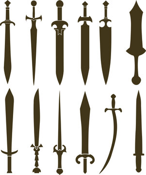Collection of Twelve Different Sword Silhouettes on White Background